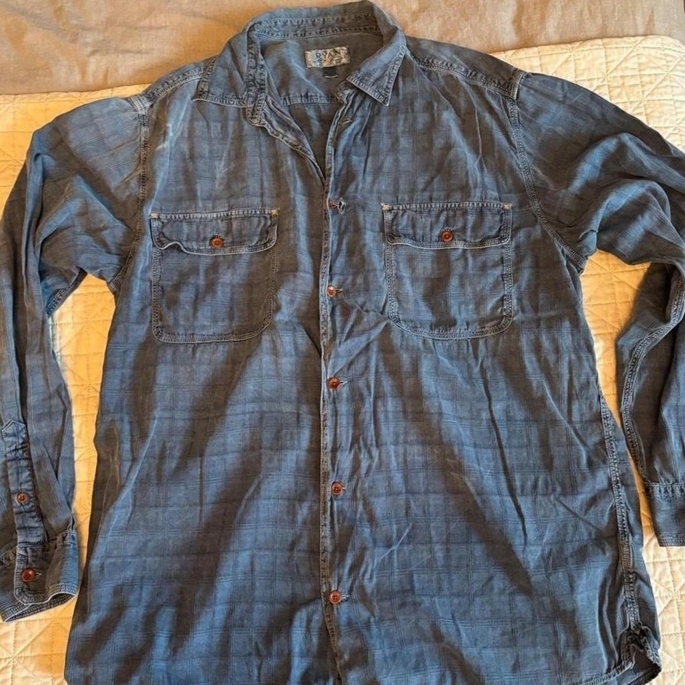 Ryan Michael Silk Cotton Blend Plaid Western Button Down Shirt Blue Mens XL